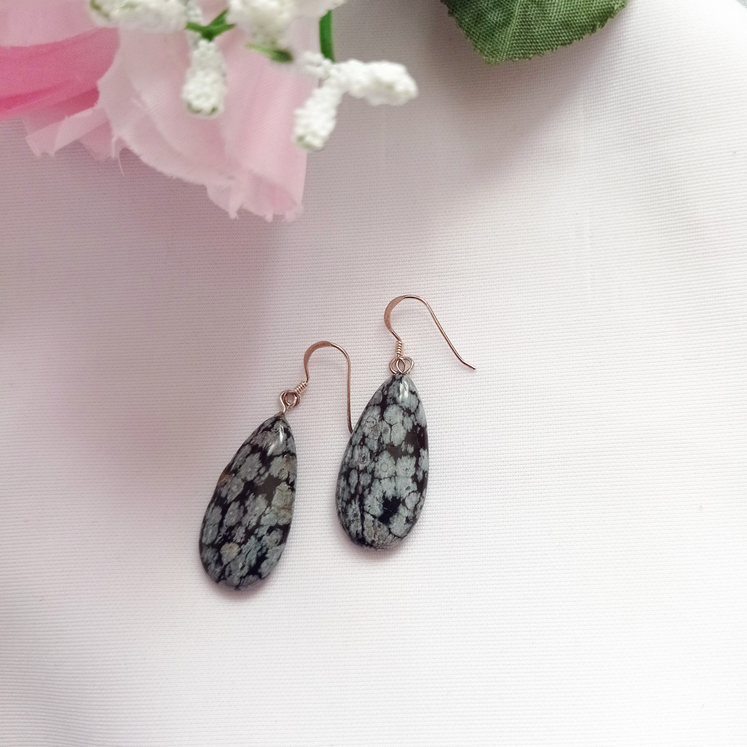 Snowflake Obsidian Earrings, Teardrop Sterling Silver Earrings, Gemstone Earrings | by nlanlaVictory