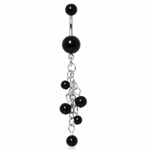316L Surgical Steel Black Acrylic Navel Ring with Beaded Chain Cascade